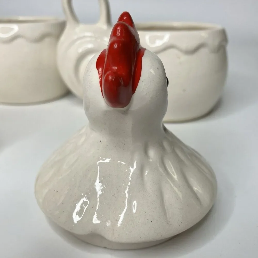 Vtg Rooster & Chicken Hen Coffee & Sugar Bowls Spanish Folk Art White Farmhouse